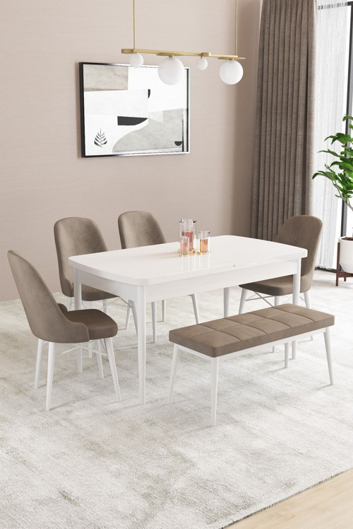 Fonza Beyaz 80X132 Mdf Açılabilir Mutfak Masası Takımı 4 Sandalye , 1 Bench