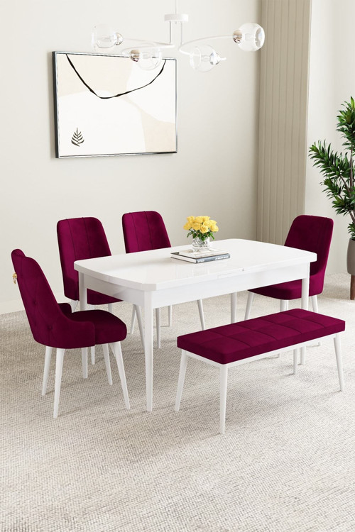 Mabel Beyaz Mermer Desen 80X132 Açılabilir Yemek Odası Takımı 4 Sandalye, 1 Bench