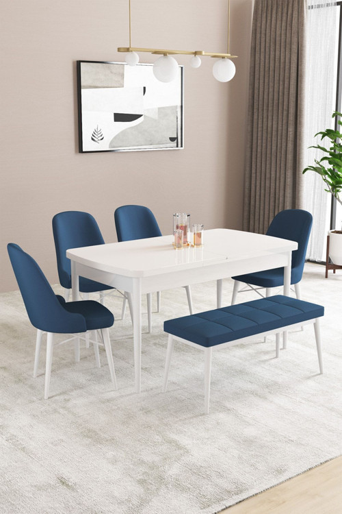Fonza Beyaz 80X132 Mdf Açılabilir Mutfak Masası Takımı 4 Sandalye , 1 Bench