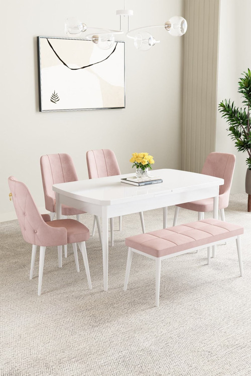 Mabel Beyaz 80X132 Açılabilir Yemek Odası Takımı 4 Sandalye, 1 Bench
