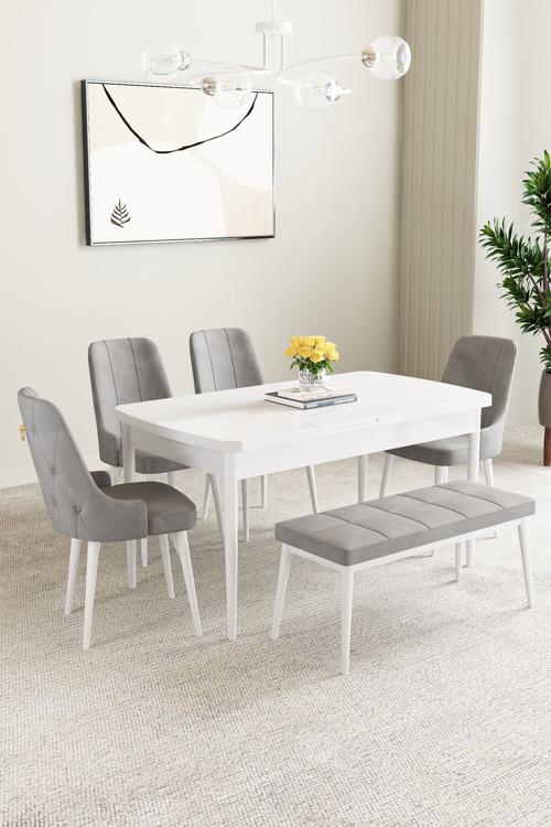Mabel Beyaz 80X132 Açılabilir Yemek Odası Takımı 4 Sandalye, 1 Bench