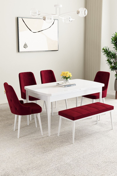 Mabel Beyaz 80X132 Açılabilir Yemek Odası Takımı 4 Sandalye, 1 Bench
