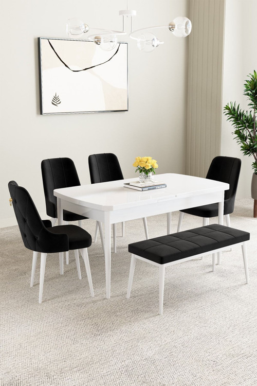 Mabel Beyaz 80X132 Açılabilir Yemek Odası Takımı 4 Sandalye, 1 Bench