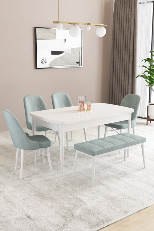 Fonza Beyaz 80X132 Mdf Açılabilir Mutfak Masası Takımı 4 Sandalye , 1 Bench