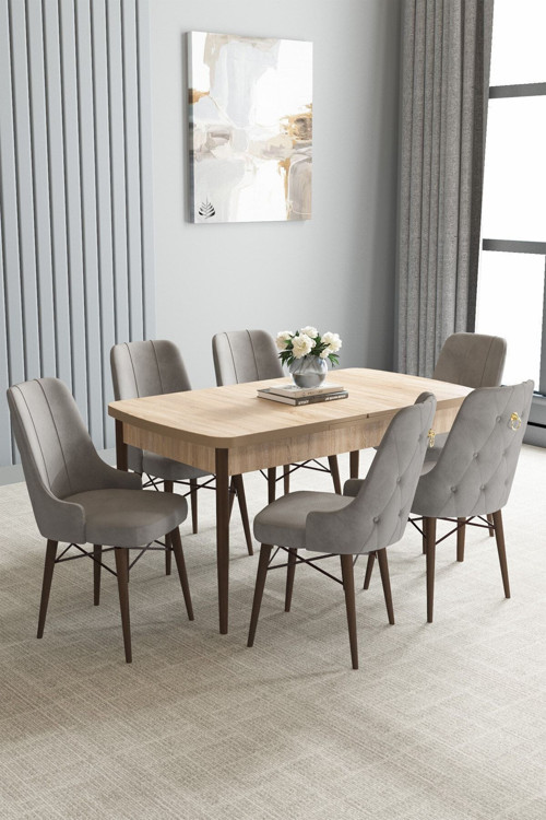 Arvela Meşe Desen 80X132 Açılabilir Mutfak Masası Takımı 6 Adet Sandalye