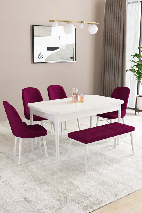 Fonza Beyaz 80X132 Mdf Açılabilir Mutfak Masası Takımı 4 Sandalye , 1 Bench