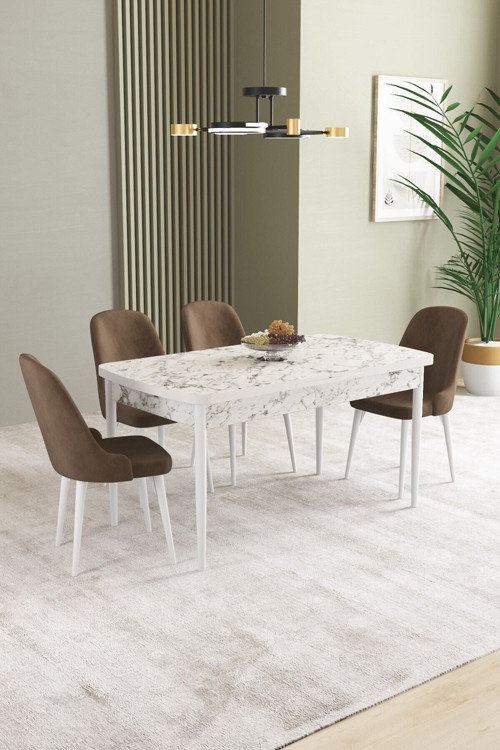Ikon Beyaz Mermer Desen 80X132 Mdf Açılabilir Yemek Masası Takımı 4 Adet Sandalye