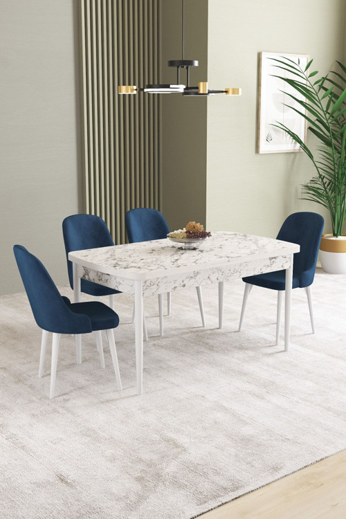 Ikon Beyaz Mermer Desen 80X132 Mdf Açılabilir Yemek Masası Takımı 4 Adet Sandalye