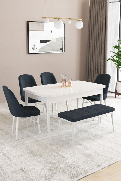 Fonza Beyaz 80X132 Mdf Açılabilir Mutfak Masası Takımı 4 Sandalye , 1 Bench