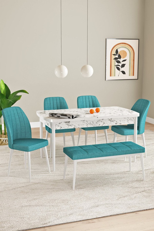 Elis Beyaz Mermer Desen 80X132 Açılabilir Yemek Odası Takımı 4 Sandalye, 1 Bench