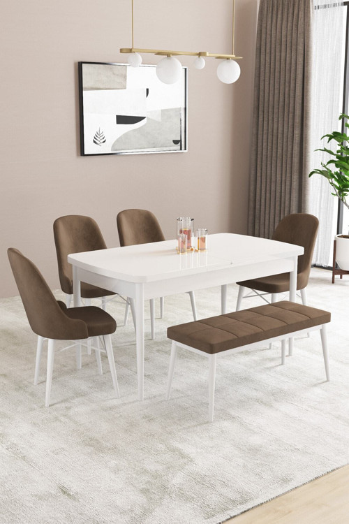 Fonza Beyaz 80X132 Mdf Açılabilir Mutfak Masası Takımı 4 Sandalye , 1 Bench
