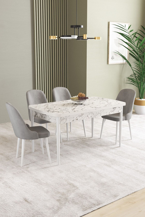 Ikon Beyaz Mermer Desen 80X132 Mdf Açılabilir Yemek Masası Takımı 4 Adet Sandalye