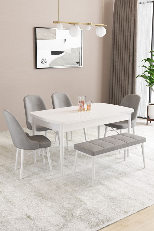 Fonza Beyaz 80X132 Mdf Açılabilir Mutfak Masası Takımı 4 Sandalye , 1 Bench