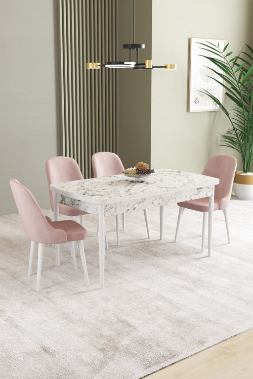 Ikon Beyaz Mermer Desen 80X132 Mdf Açılabilir Yemek Masası Takımı 4 Adet Sandalye