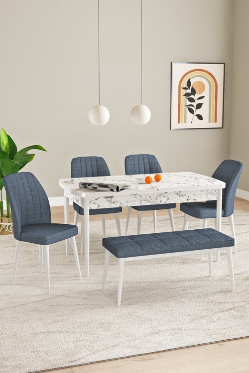 Elis Beyaz Mermer Desen 80X132 Açılabilir Yemek Odası Takımı 4 Sandalye, 1 Bench
