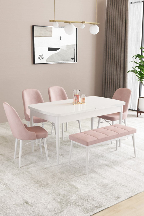 Fonza Beyaz 80X132 Mdf Açılabilir Mutfak Masası Takımı 4 Sandalye , 1 Bench