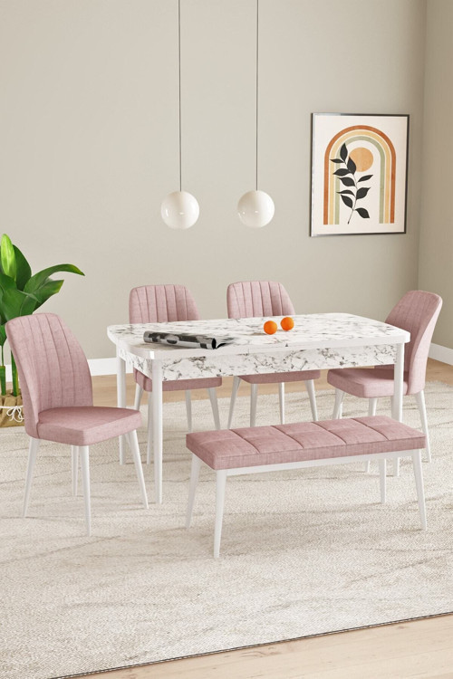 Elis Beyaz Mermer Desen 80X132 Açılabilir Yemek Odası Takımı 4 Sandalye, 1 Bench