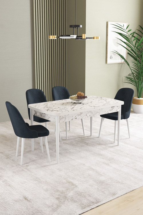 Ikon Beyaz Mermer Desen 80X132 Mdf Açılabilir Yemek Masası Takımı 4 Adet Sandalye