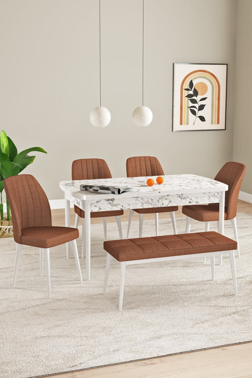 Elis Beyaz Mermer Desen 80X132 Açılabilir Yemek Odası Takımı 4 Sandalye, 1 Bench