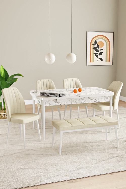 Elis Beyaz Mermer Desen 80X132 Açılabilir Yemek Odası Takımı 4 Sandalye, 1 Bench