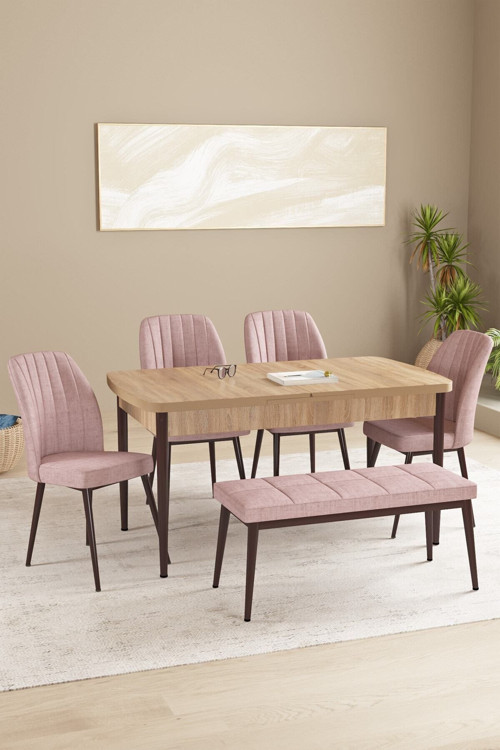 Floryn Meşe Desen 80 X 132 Benchli Açılabilir Mdf Mutfak Masa Takımı 4 Sandalye