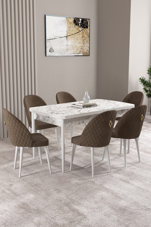 Milas Beyaz Mermer Desen 80X132 Mdf Açılabilir Mutfak Masası Takımı 6 Adet Sandalye