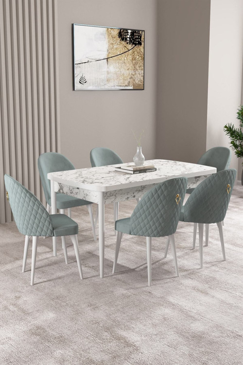 Milas Beyaz Mermer Desen 80X132 Mdf Açılabilir Mutfak Masası Takımı 6 Adet Sandalye