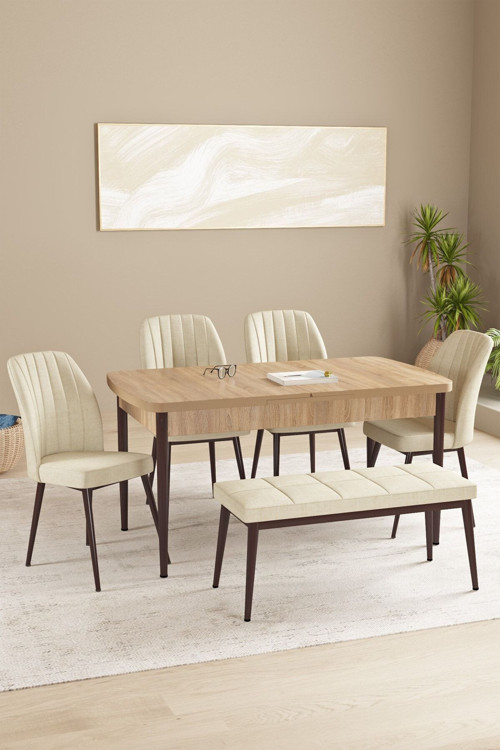Floryn Meşe Desen 80 X 132 Benchli Açılabilir Mdf Mutfak Masa Takımı 4 Sandalye