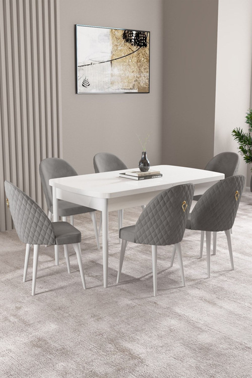 Milas Beyaz 80X132 Mdf Açılabilir Yemek Masası Takımı 6 Adet Sandalye