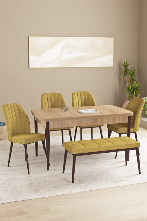Floryn Meşe Desen 80 X 132 Benchli Açılabilir Mdf Mutfak Masa Takımı 4 Sandalye