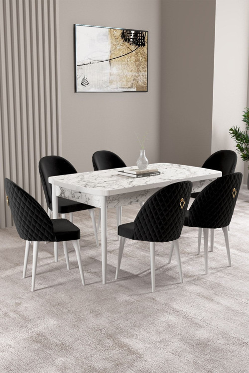 Milas Beyaz Mermer Desen 80X132 Mdf Açılabilir Mutfak Masası Takımı 6 Adet Sandalye