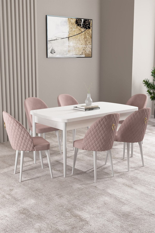 Milas Beyaz 80X132 Mdf Açılabilir Yemek Masası Takımı 6 Adet Sandalye