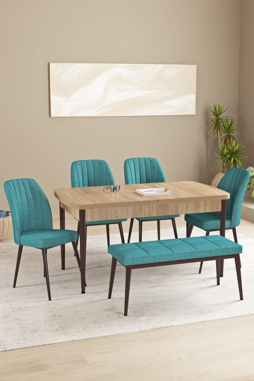 Floryn Meşe Desen 80 X 132 Benchli Açılabilir Mdf Mutfak Masa Takımı 4 Sandalye