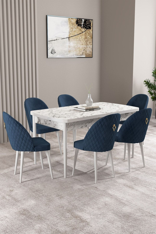 Milas Beyaz Mermer Desen 80X132 Mdf Açılabilir Mutfak Masası Takımı 6 Adet Sandalye