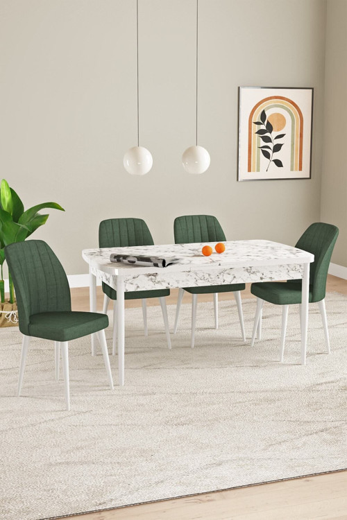 Elis Beyaz Mermer Desen 80X132 Açılabilir Yemek Odası Takımı 4 Adet Sandalye