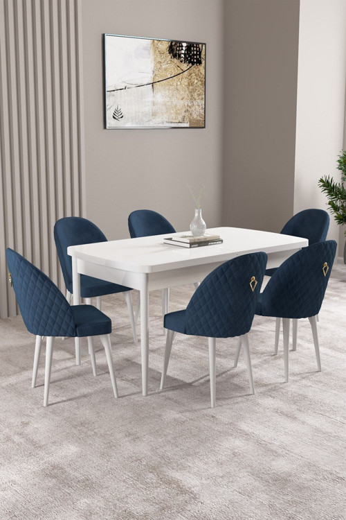 Milas Beyaz 80X132 Mdf Açılabilir Yemek Masası Takımı 6 Adet Sandalye