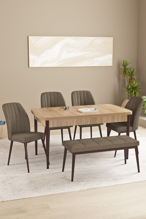 Floryn Meşe Desen 80 X 132 Benchli Açılabilir Mdf Mutfak Masa Takımı 4 Sandalye
