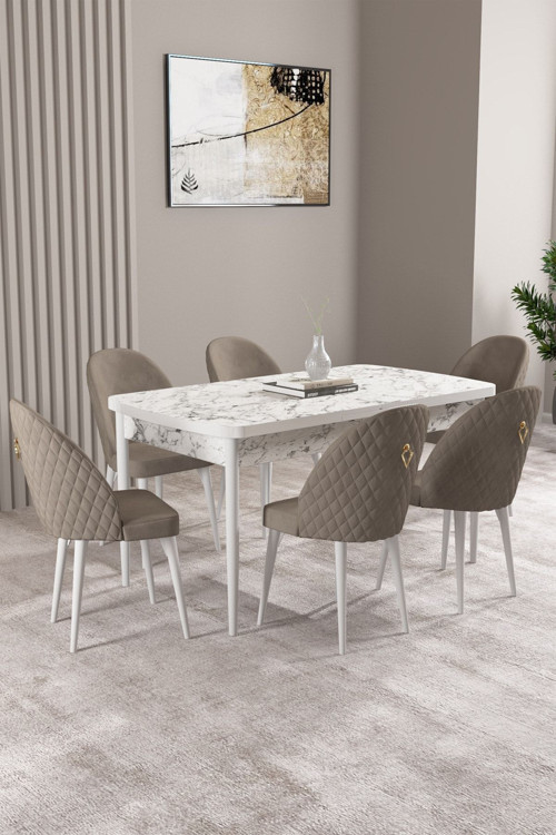 Milas Beyaz Mermer Desen 80X132 Mdf Açılabilir Mutfak Masası Takımı 6 Adet Sandalye