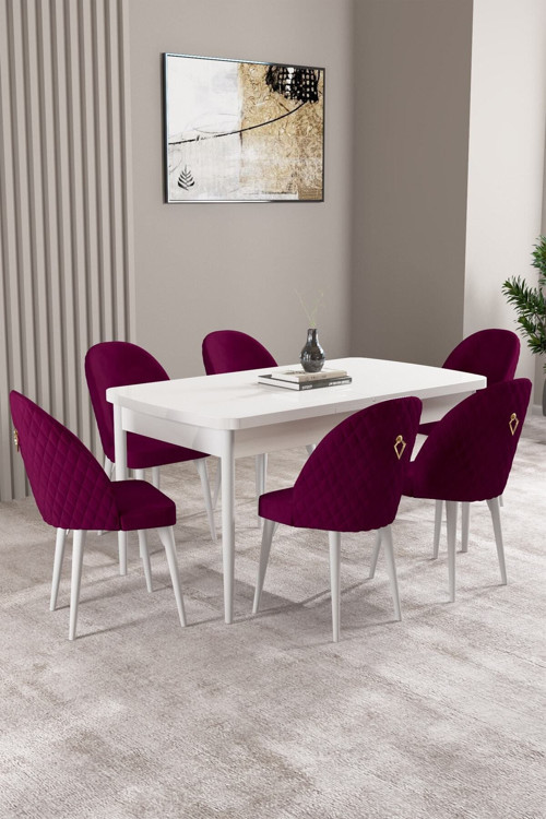 Milas Beyaz 80X132 Mdf Açılabilir Yemek Masası Takımı 6 Adet Sandalye