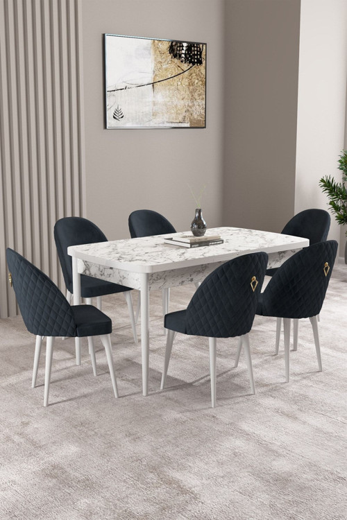 Milas Beyaz Mermer Desen 80X132 Mdf Açılabilir Mutfak Masası Takımı 6 Adet Sandalye