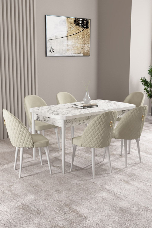 Milas Beyaz Mermer Desen 80X132 Mdf Açılabilir Mutfak Masası Takımı 6 Adet Sandalye