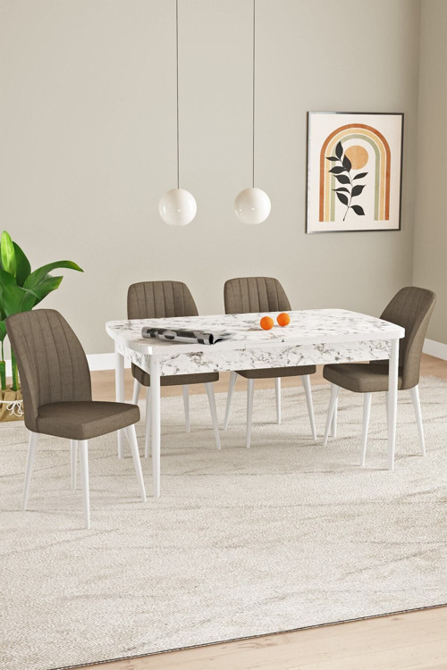 Elis Beyaz Mermer Desen 80X132 Açılabilir Yemek Odası Takımı 4 Adet Sandalye