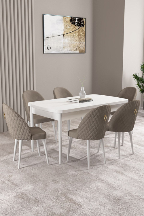 Milas Beyaz 80X132 Mdf Açılabilir Yemek Masası Takımı 6 Adet Sandalye