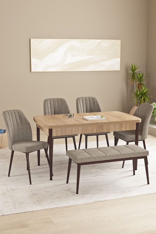 Floryn Meşe Desen 80 X 132 Benchli Açılabilir Mdf Mutfak Masa Takımı 4 Sandalye