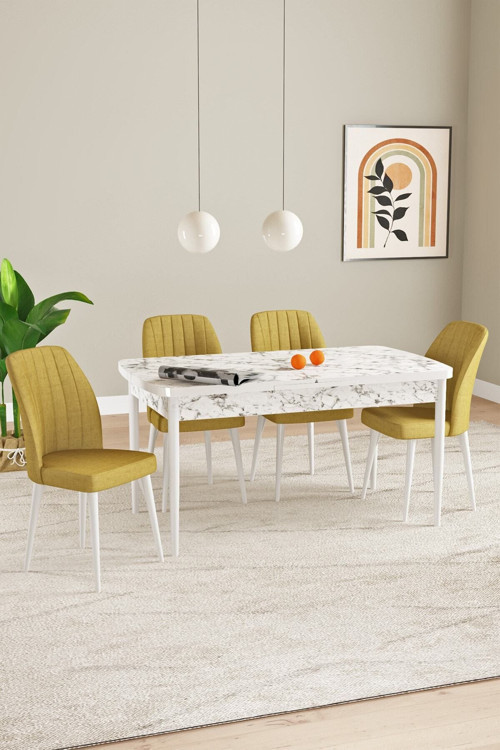 Elis Beyaz Mermer Desen 80X132 Açılabilir Yemek Odası Takımı 4 Adet Sandalye