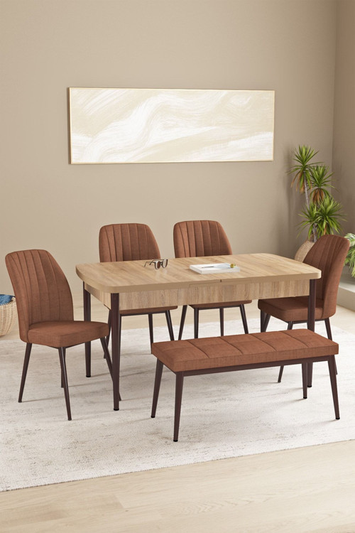 Floryn Meşe Desen 80 X 132 Benchli Açılabilir Mdf Mutfak Masa Takımı 4 Sandalye