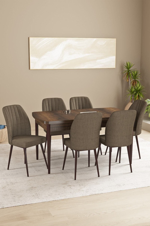 Daisy Mdf Barok Desen Açılabilir 80X132 Cm 6 Sandalyeli Mutfak Masası Takımı