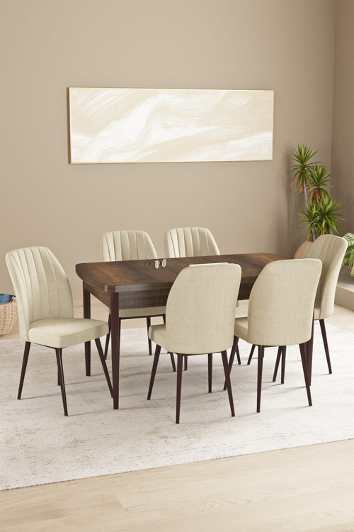 Daisy Mdf Barok Desen Açılabilir 80X132 Cm 6 Sandalyeli Mutfak Masası Takımı