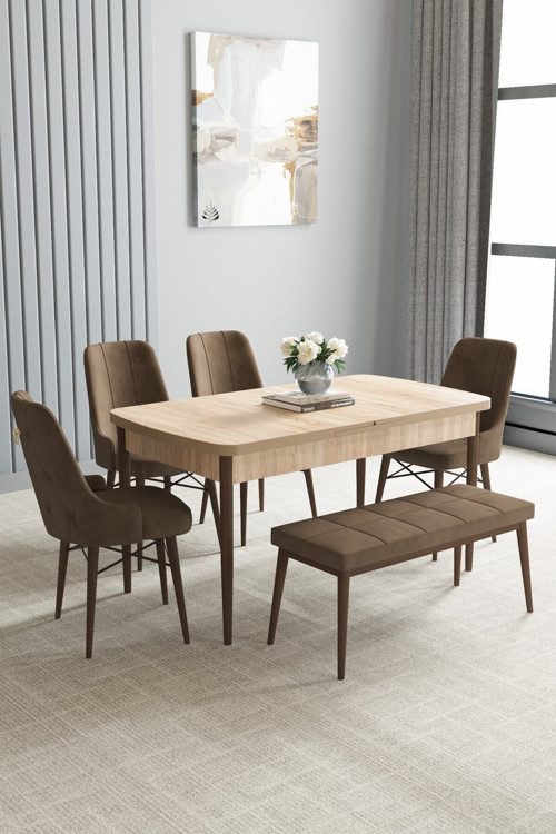 Arvela Meşe Desen 80X132 Mdf Açılabilir Mutfak Masası Takımı 4 Sandalye, 1 Bench