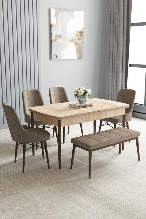 Arvela Meşe Desen 80X132 Mdf Açılabilir Mutfak Masası Takımı 4 Sandalye, 1 Bench